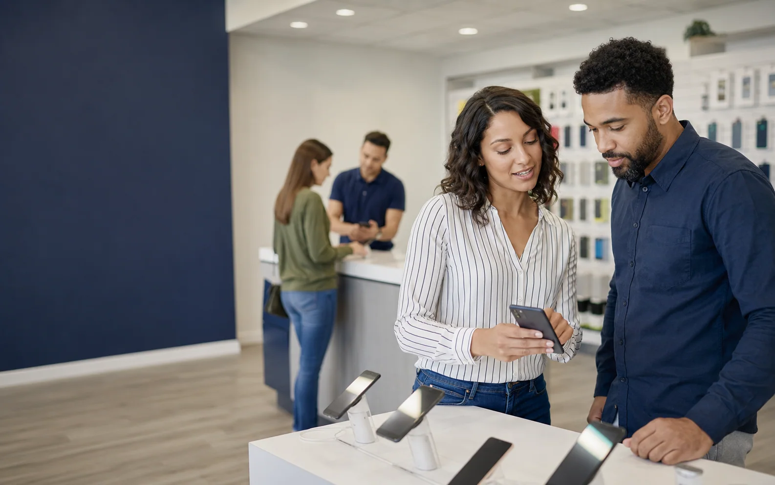 Illustrative scene of customers receiving assistance in a modern wireless retail store